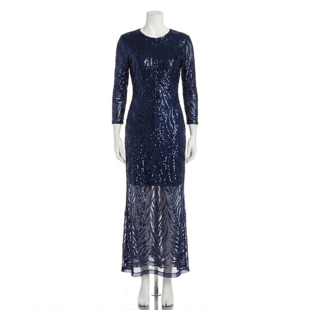 NEW KAREN KANE 3/4 sleeve sequin side slit dress in navy